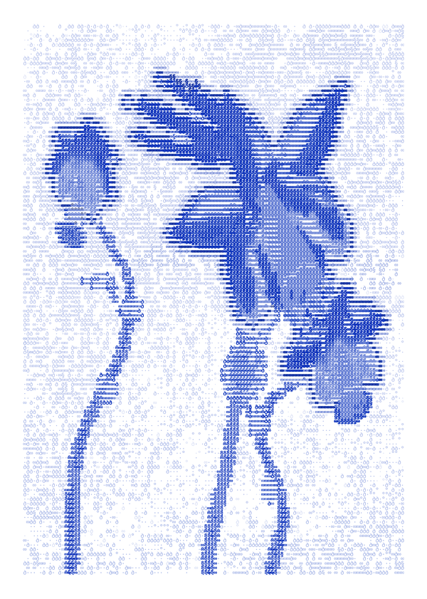 Three blue columbines of contrasting sizes with winged petals and long stems in a pale typographic atmosphere on white.