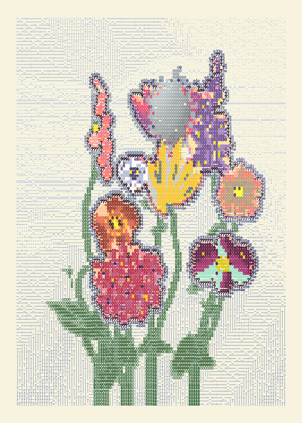 A varied bouquet of yellow, violet, coral and pink flowers above green stems, against a pale blue typographic field on ivory.